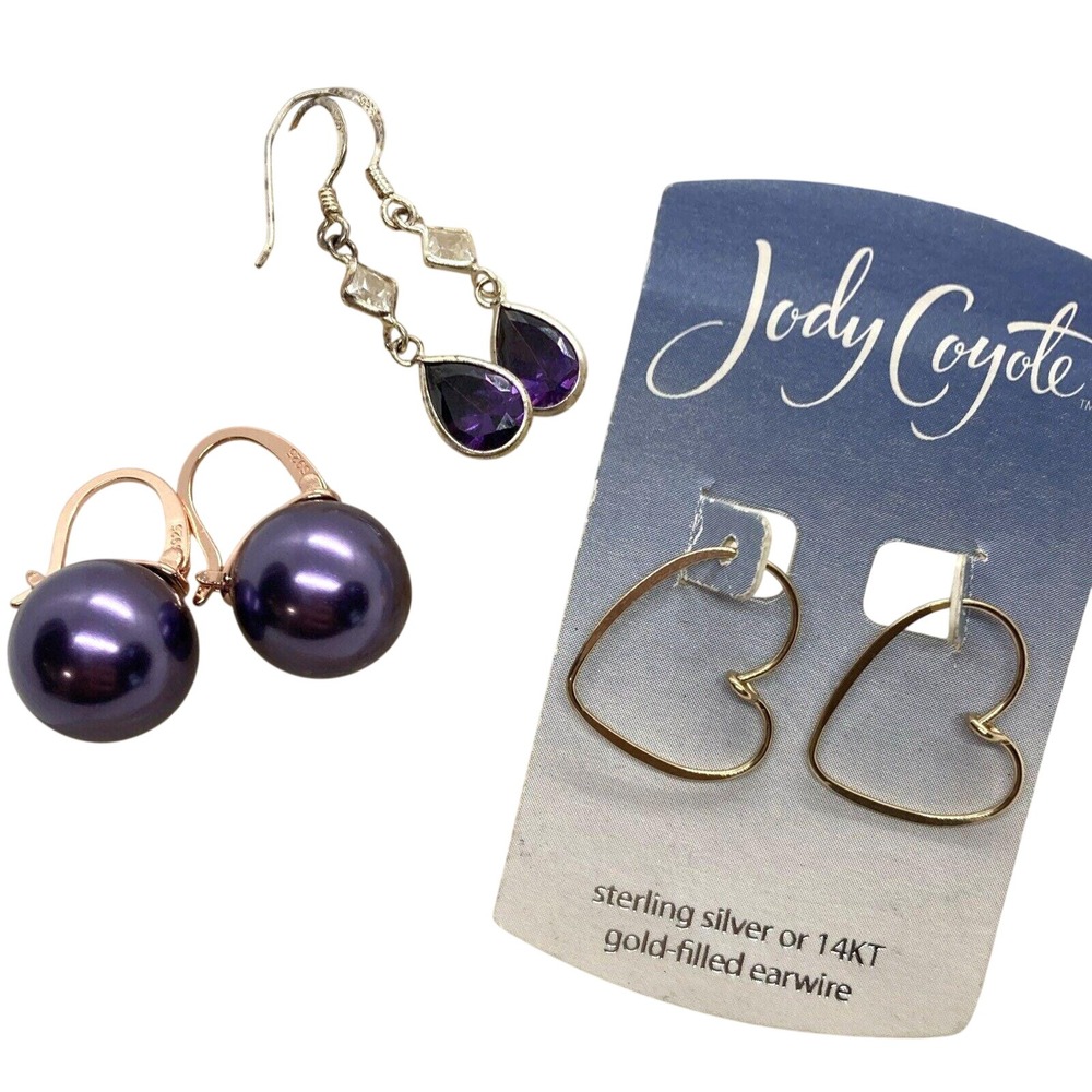 Vintage Lot 3 Pairs Purple Pearl CZ Dangle Drop Earrings Sterling 925 Silver 10g